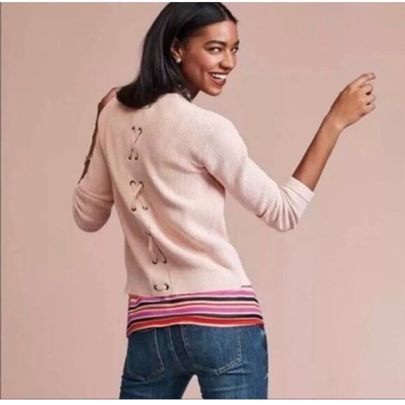 Cabi 3357 Blush Pink Ribbed Knit Lace Up Button Front Cardigan Sweater Size S - Picture 2 of 13